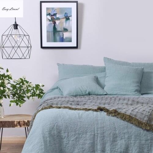 3PCS 100% Linens Bedding Set Sky Blue Euro Bed Linen Double Bed Duvet Cover and 2 50x70 Pillowcase 150x200 220x240 Bedspread