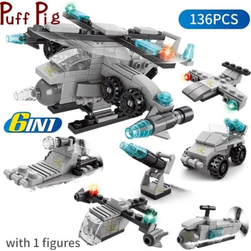 UKBOO 136PCS 6in1 Military Naval Forces Battleship Building Blocks Figures Weapon Truck Vehicle Plane Bricks Toys for Children