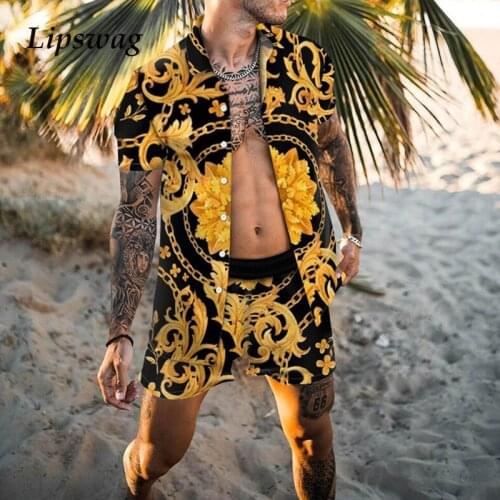 Casual Beachwear Men Two Piece Sets 2021 Summer Vintage Floral Print Outfits Mens Fashion Buttoned Lapel Shirts And Shorts Suits