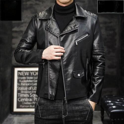 Faux Leather Jacket Mens Autumn Motorcycle PU Leather Jacket Male Lapel Fashion High Street Ropa De Hombre Slim Coat Y4