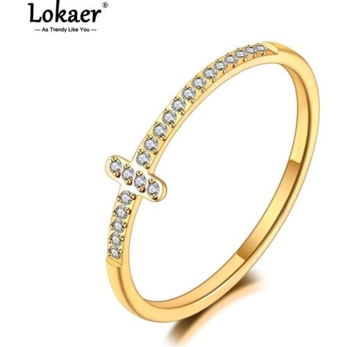Lokaer Trendy Titanium Stainless Steel Mosaic Rhinestone Cross Rings Luxury Gold Plated CZ Crystal Wedding Ring For Women R21012