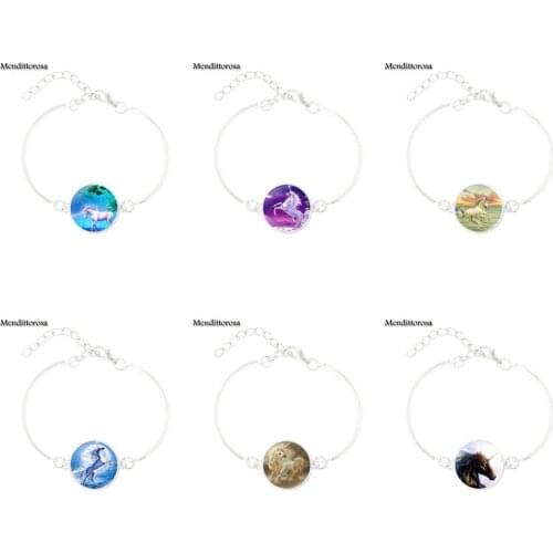 Mendittorosa Glass Cabochon Jewelry Black Leather Bracelet Bangle Unicorn Pegasus Fly Horse