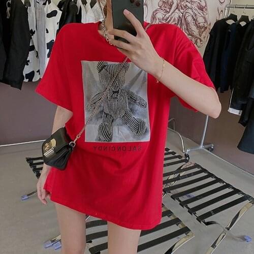 Fashion printing Hot drilling Tshirt Tops 2021Summer casual Mid-length Loose Women T-shirts O-neck graphic t shirts y2k top