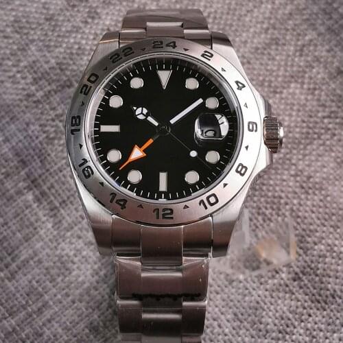 Orange GMT 40mm Automatic Men Watch Steel Bezel Brushed Oyster Strap Sapphire Glass Screwdown Crown