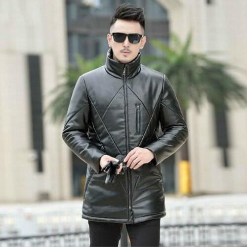 HOT Winter new mens leather down jacket long male Business casual slim Korean stand collar Fur coat men warm plus size jackets