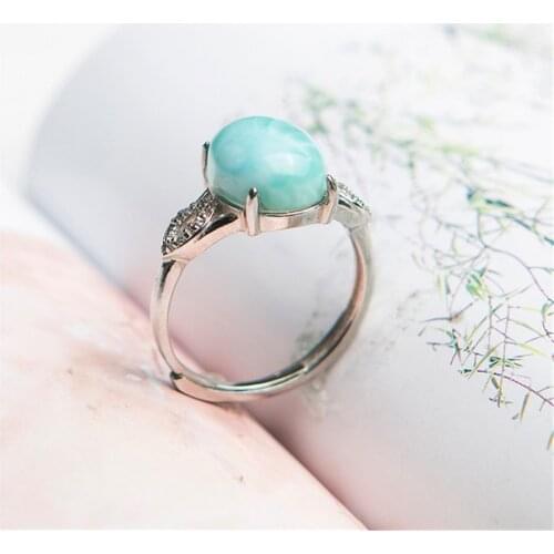 Genuine Natural Larimar Crystal Round Stone Beads Lady Stering Sliver Wedding Ajustable Ring 12*10mm