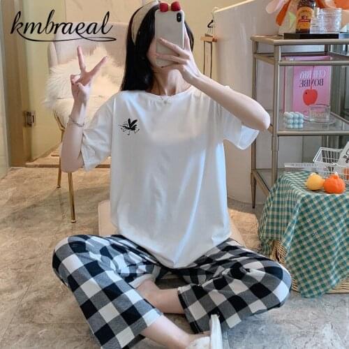 Pajamas for Women Summer Ladies Short-Sleeved Trousers Homewear funny Print Two-Piece Loose Milk Silk Sleepwear Girl Loungewear