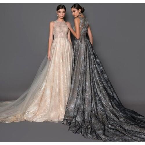 Boat Neck Sleeveless Glitter Lace Party Wear Formal Gown Prom Dress