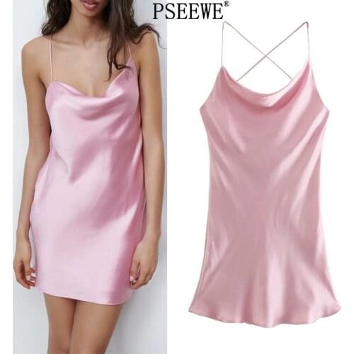 PSEEWE Za Dress Women Pink Satin Short Dresses Summer Woman 2021 Backless Spaghetti Strap Sexy Dresses Ladies Club Night Dress