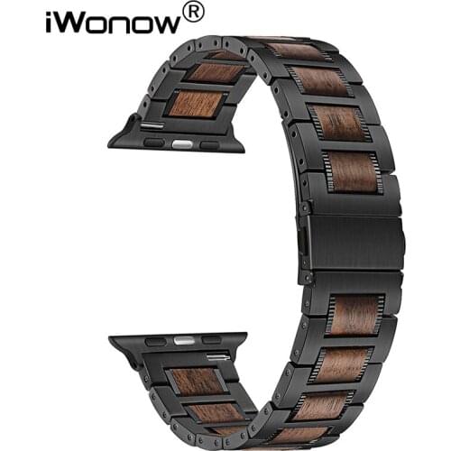 Stainless Steel & Walnut Wood Band for iWatch Apple Watch SE Series 6 5 4 3 2 1 44mm 42mm 40mm 38mm Watchband Sandalwood Strap