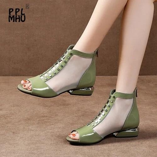 Green Mesh Breathable Rivet Women Peep Toe Shoes Fashion PU Leather Low-Heeled Office Lady New Retro Zipper Gladiator Sandals