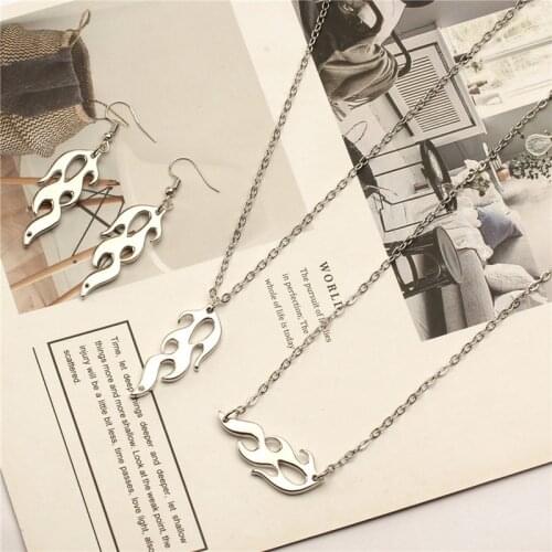 1Pair Hip Hop Flame Earrings 1Pcs Necklace Bracelet Streetwear Fashion Punk Style Earrings for Women Men Party Jewelry