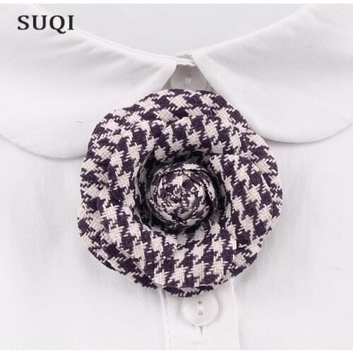 SUQI Fashion Women Vintage Handmade Fabric lattice Brooches Jewelry Badge houndstooth Camellia Brooch Pins for Girlfriend Gifts