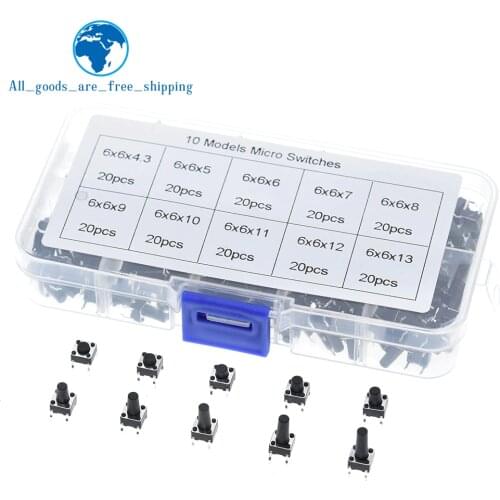 10 models 200pcs 6*6 Tact Switch Tactile Push Button Switch Kit, Height: 4.3MM~13MM DIP 4P micro switch 6x6 Key switch
