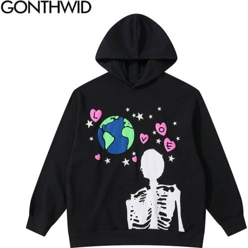 GONTHWID Harajuku Streetwear Hoodies Hip Hop Earth Skull Heart Print Hooded Sweatshirts Fashion Casual Loose Outerwear Mens Tops