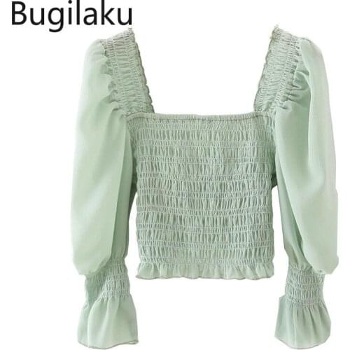 Bugilaku Stretch Slim Waist Puff Sleeve Blouse Women Solid Color Square Collar High Street Cropped Tops Chic Shirts Streetwear
