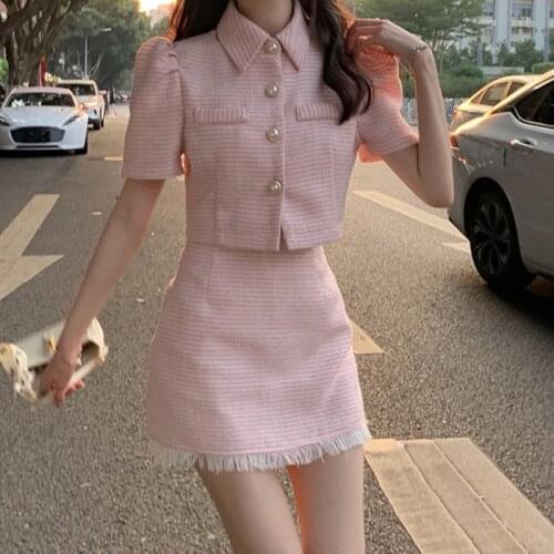 Vintage Two piece Sets Sweet Pink Pearl Button Tweed Puff Sleeve Crop Top And Mini Skirt Two piece Sets Summer Outfits Female