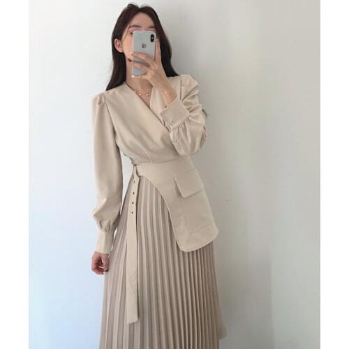 GUUZYUVIZ Elegant V-neck Dresses For Women Long Sleeve Cross Belt Pleated Dress Ladies Korean Black OL Office Dress Vestidos