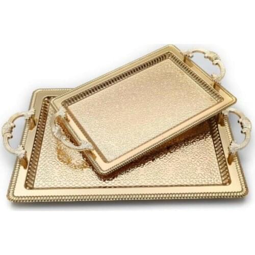Rectangular 2 Pcs Tarnish Gold Tray Engagement Promise Presentation Tray Large And Medium Gold Color Decorative Embossed