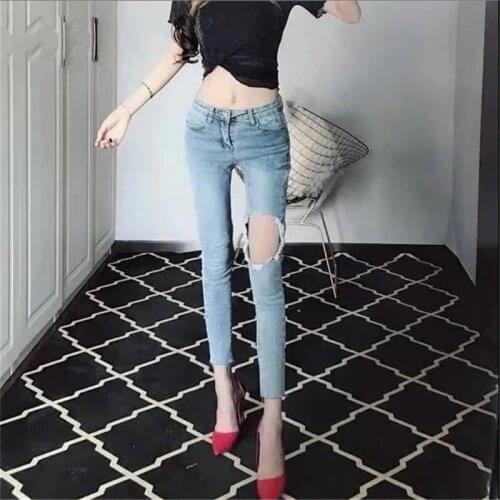 2021 Summer Thin Stretch Slim-Fit Ripped Jeans With Raw Edges Moda Coreana Calça Jeans Feminina Pantalones Grande Taille Femme