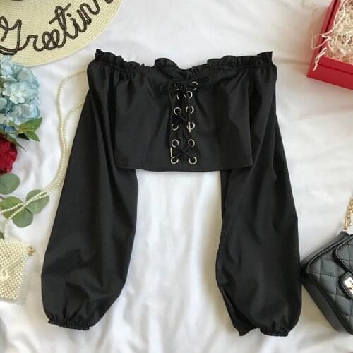 Blla Philosophy spring summer sexy crop top strapless slash neck lantern sleeve lace-up Blouses chic ulzzang hipster Shirts