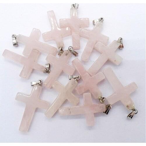 50Pcs 25x18x6mm Wholesale Natural Rose Quartz Cross Pendant Bead DIY Earrings Handmade Jewelry Accessories S657