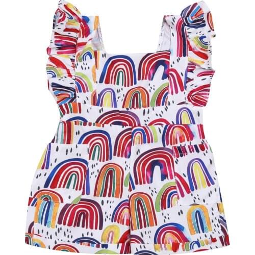 0-18 Months Baby Girl’s Rainbow Printing One-piece Jumpsuit Ruffled Sleeve Square Neck Backless Short Pants Bodysuit for Summer