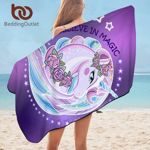 BeddingOutlet Unicorn Kids Bath Towel Cartoon Microfiber Beach Towel For Girl Woman Floral Purple Picnic Mat 75x150 Thin Blanket