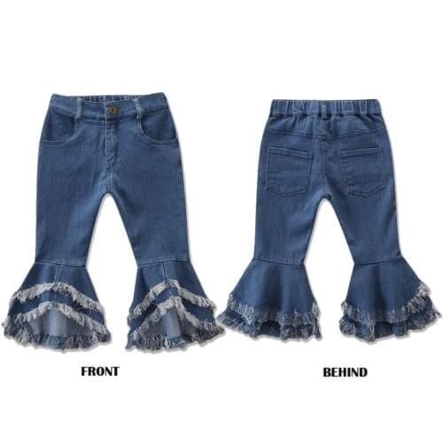 Baby Girls Denim Trousers Jeans Slim Tassels Flare Pants Full Length Tights Kids Clothes New 2-7y