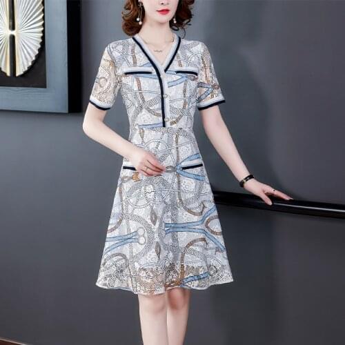 Elegant Printed Lace Sexy V-Neck Midi Dress 2021 Vintage Summer Office Lady 2XL Plus Size Sundress Female Bodycon Party Vestidos