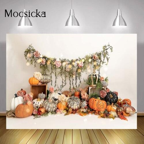 Floral Newborn Pumpkin Cake Smash Backdrop Photo Studio Fall Maple Leaf Children Birthday Portrait Background Green Leaf Flowers