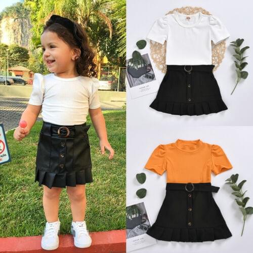 2PCS Toddler Kids Baby Girl Clothes Sets 1-5Y Puff Sleeve Tops Ruffle Button Skirts Summer Outfits Clothes