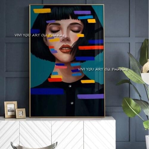 100% handmade girl face colorful oil painting woman art canvas thick knife picture wall bar corridor living room home decoration