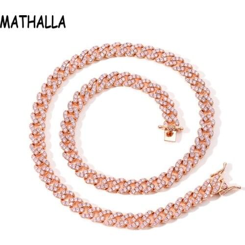MATHALLA Copper Iced Out Pink CZ Miami Cuban Chain Jewelry Hiphop 9mm Micro Pave Zircon Rose Gold Cuban Chain Necklace Unisex