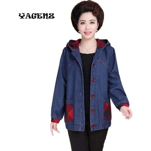 2019 Denim Jacket Women New Fashion Red Lattice Autumn Coat Casual spring Hoodie Loose Coat Women cotton printing hooded jacket