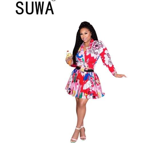Cartoon pattern spliced cute lady skirt suit long sleeve shirt top and pleated mini skirt 2 piece set sexy lovely clubwear