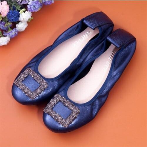 AUCVEE Genuine Leather Women Flat Ballet Shoes Shallow Mouth Round Toe Flats Loafers Elegant Lady Flat Wedding Shoes Big Size 44
