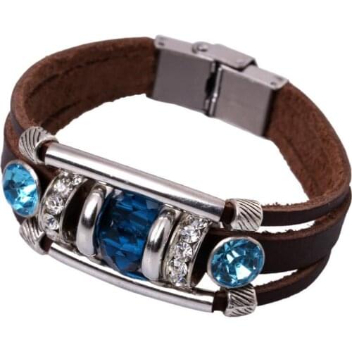 Fashion Vintage Crystal Beads Charm Leather Cuff Bracelet Rhinestone Stainless Steel Clasp Beaded Bangle Wristband Retro Jewelry
