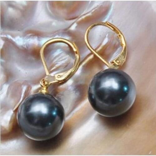 Fashion jewelry Free Shipping charming paif of 12mm tahitian round black shell pearl earring Jewelry