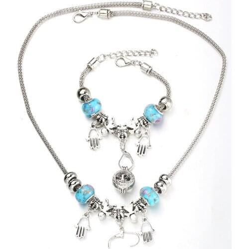Hand of Fatima Necklace Bracelet Set Lobster Clasp Bead Hollow Chain Beaded Bracelet With Hook DIY Pendant Jewelry
