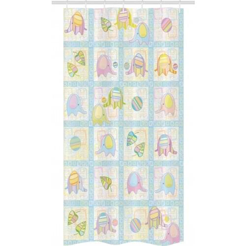 Pastel Elephant Shower Curtain Set Sweet Cartoon Animal Squares Waterproof Fabric Narrow Bath Curtain Bathroom Decor with Hooks