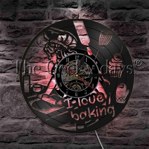 I Love Baking Vinyl Record Wall Clock With LED Backlight Bakery Cooking Chef Rolling Pin Cake Kitchen LED Hanging Lamp