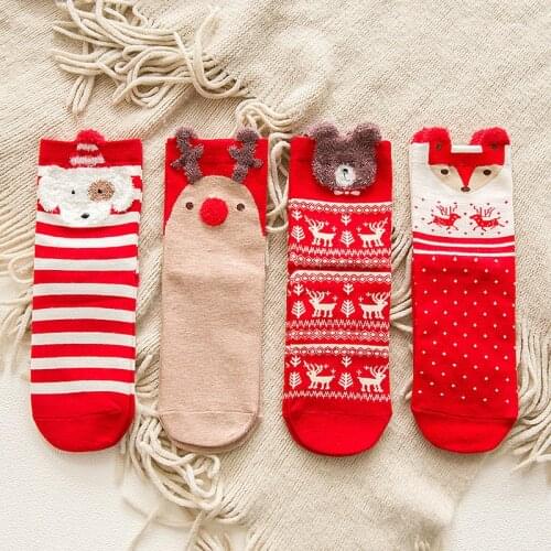 2021 New 1 Pair Women Cotton Socks Cartoon Red Dog Elk Bear Fox Christmas Socks For Spring Autumn Winter Hot Sale Christmas Gift
