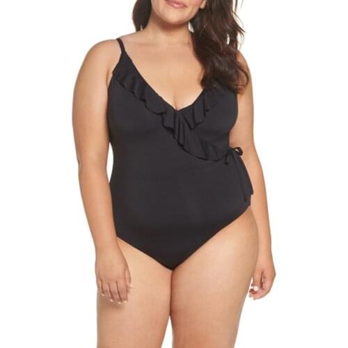 New European and American plus Size Swimsuit Solid Color Cross Flounced Fat Woman Bikini One-Piece Swimsuit