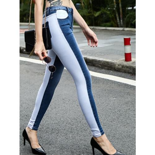 Panelled Spliced Color Bleached Skinny Jeans Women Cotton Denim Slim Moustache Effect Streetwear Elasticity Pencil Pant