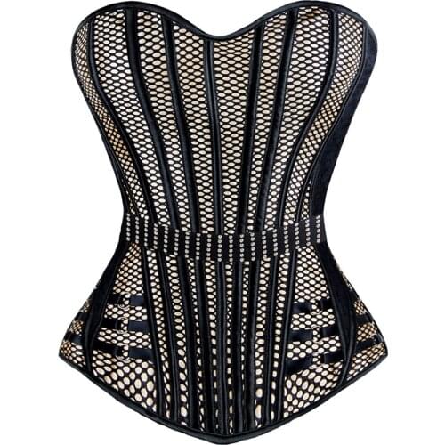 Sexy Womens Gothic Steampunk Boned Lace up Corset Top Fashion Overbust Corsets and Bustiers Mesh Waist Cincher Shapewear