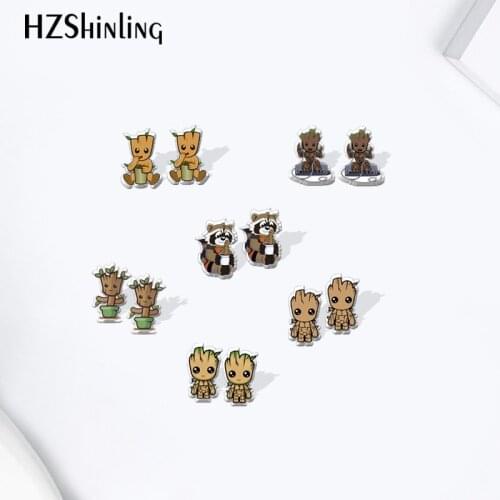 Groot Little Tree Cartoon Pattern Acrylic Stud Earrings Resin Epoxy Ear Jewelry
