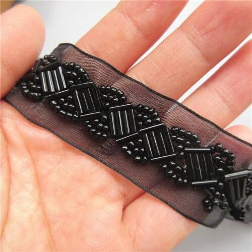 100cm Width 2.5cm Black Beaded Voile Lace Edge Trim Ribbon Embroidered Applique Sewing Craft Crochet DIY Wedding Dress Clothes