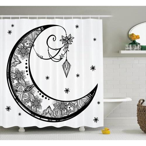 Tribal Shower Curtain Paisley Floral Moon Crescent Gem Figures Ethnic Astrology Inspired Print Waterproof Curtains Home Decor