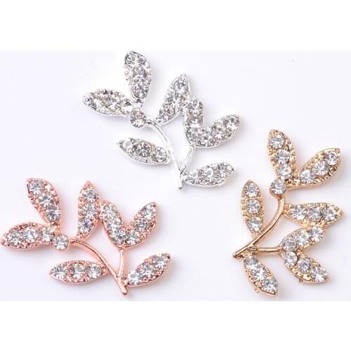 10 PCS 17x25mm Metal Alloy Crystal Rhinestones Leaf Hair Accessories For DIY Jewelry Making